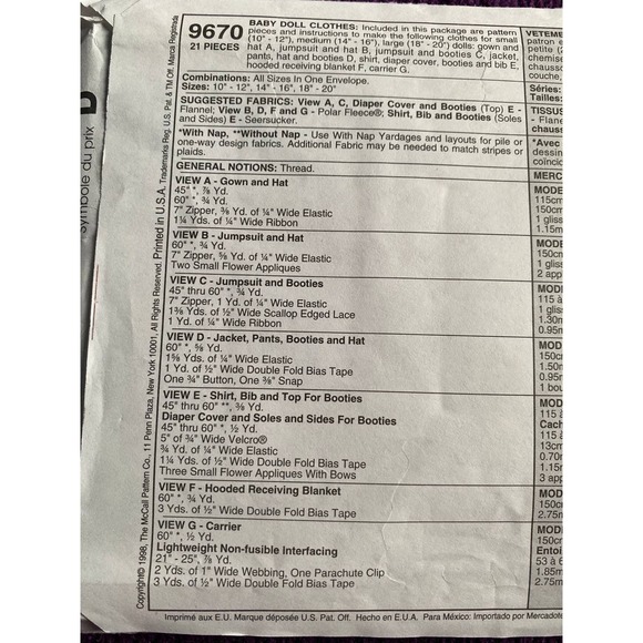 McCalls 9670 sewing pattern 10-20in Doll clothes carrier - Picture 4 of 4